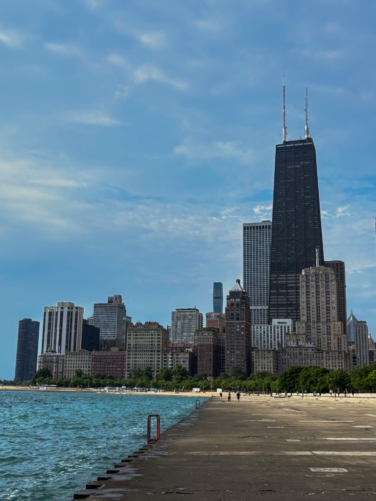 Chicago skyline and lakefront walk along Lake Michigan